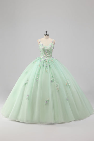Princess Green Ball Gown Spaghetti Straps Tulle Quinceanera Dress with 3D Flower Appliques